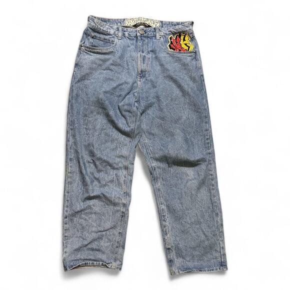 36W Ninth Hall Baggy Jeans – Light Wash Y2K Graffiti Embroidered Patches - Picture 1 of 5